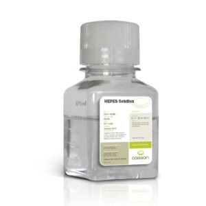 HOL06 HEPES buffer solution comes in a bottle with a Caisson Label affixed